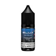 A product image showing a pack of Elux Legend Nic Salt E-Liquid in Blueberry Cherry Cranberry flavor, along with a single bottle, both featuring a nicotine warning label.